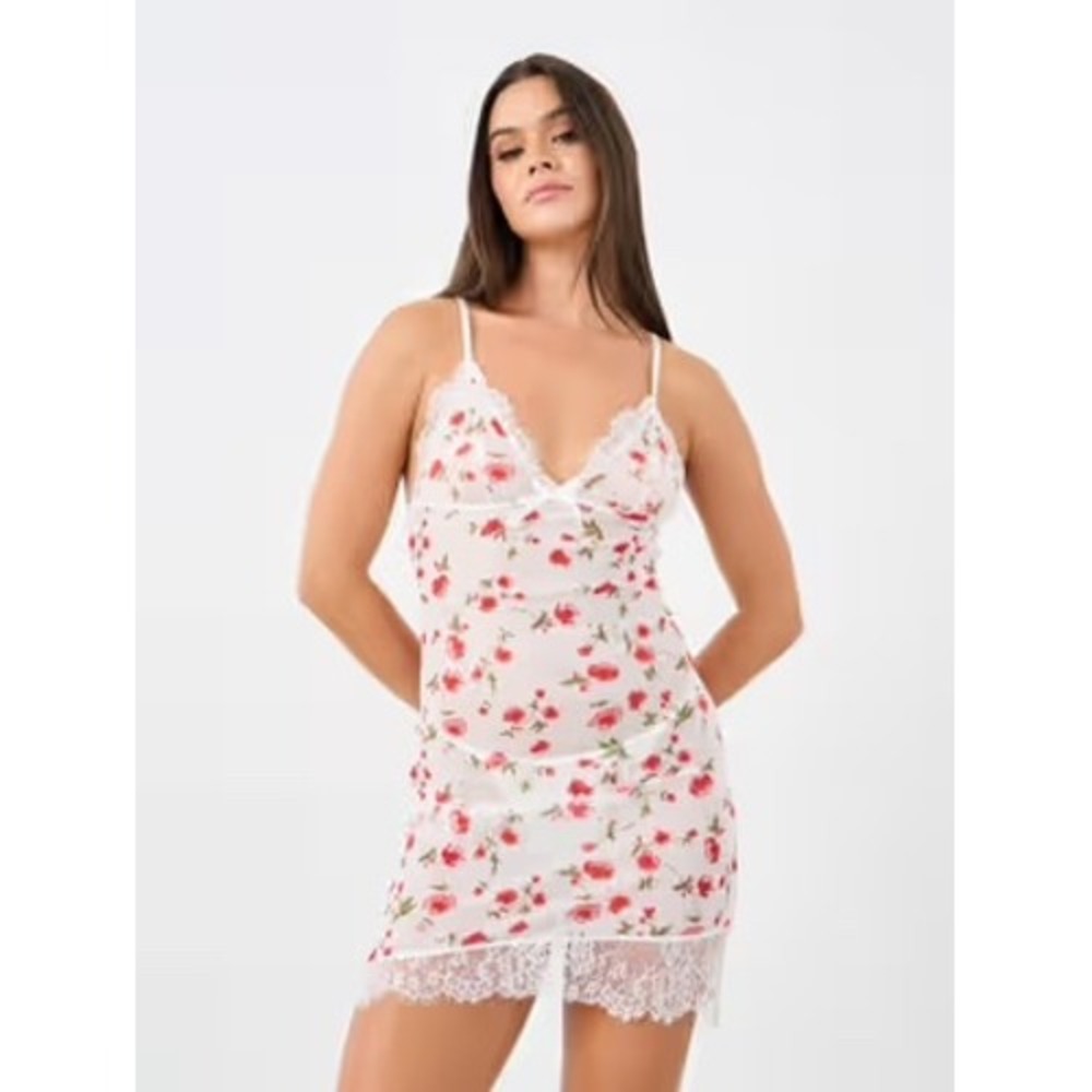 Women's Sz Medium Lace Edge Floral Print Slip Dress White Pink V-Neck Sheer Mini
